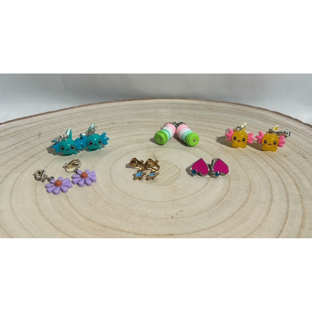 Girls Clip On Earring Lot Of 6 Pair | Axolotls Flowers Macarons Hearts Stars